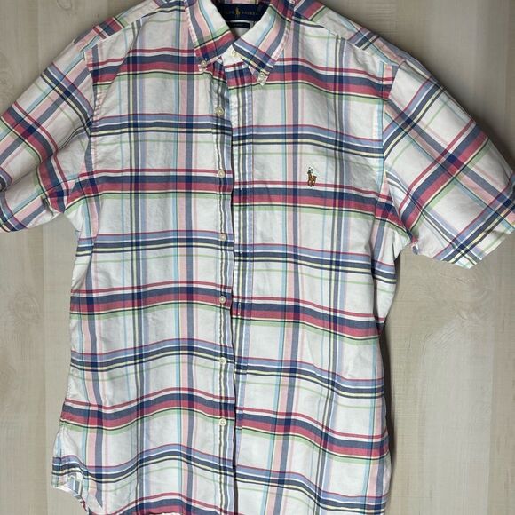 Ralph Lauren slim fit white pink plaid short sleeve  button front shirt, large - Picture 2 of 8